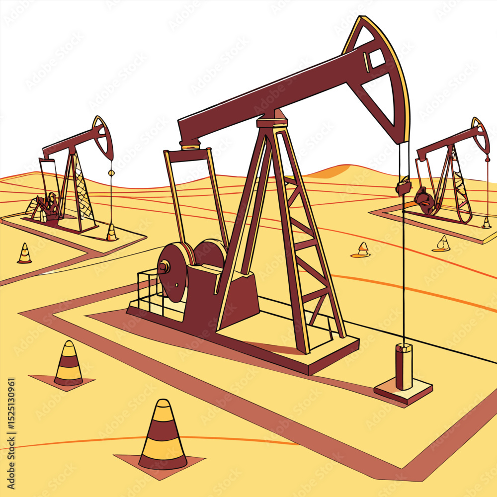 Fototapeta premium Wide Drone Shot of Desert Oil Fields with Yellow Safety Markers – Vector Illustration - Adobe Illustrator Artwork