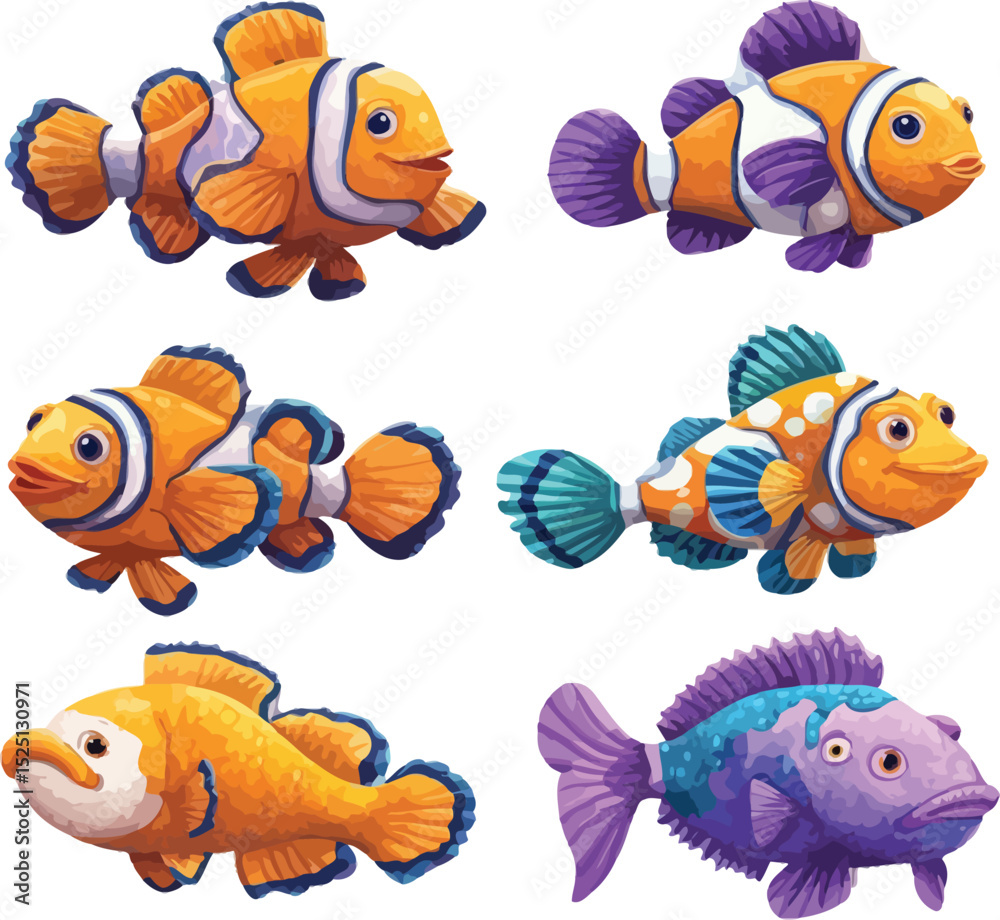 Fototapeta premium Clownfish Cartoon Character Mascot Vector – Cute Ocean Animal Illustration for Kids’ Projects, Branding, and Sea Life Themes