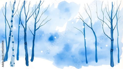 Abstract watercolor painting of a winter birch forest scene