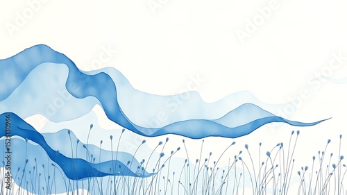 Abstract blue wave and grass artwork serene watercolor landscape