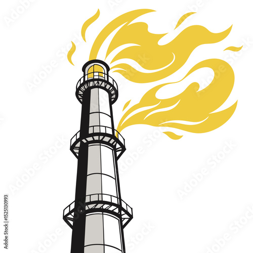 Industrial Chimney with Yellow Gas Flaring Flames – Vector Illustration - Adobe Illustrator Artwork