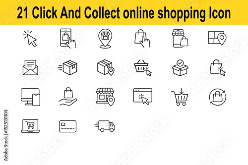 Click and Collect, Online Shopping Icon Set – Editable Stroke, 64x64 Pixel Perfect Outline Symbols for Delivery, Store Pickup, Payment, Cart, Buy, Fast Transport, and Ecommerce on White Background