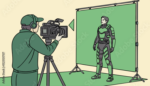In the Big Film Studio Professional Crew Shooting Blockbuster Movie. Director Commands Cameraman to Start shooting Green Screen CGI Scene with Actor Wearing Motion Capture Suit and Head Rig    