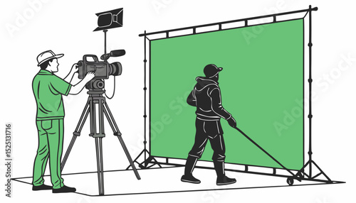 In the Big Film Studio Professional Crew Shooting Blockbuster Movie. Director Commands Cameraman to Start shooting Green Screen CGI Scene with Actor Wearing Motion Capture Suit and Head Rig    