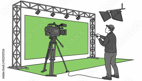 In the Big Film Studio Professional Crew Shooting Blockbuster Movie. Director Commands Cameraman to Start shooting Green Screen CGI Scene with Actor Wearing Motion Capture Suit and Head Rig    