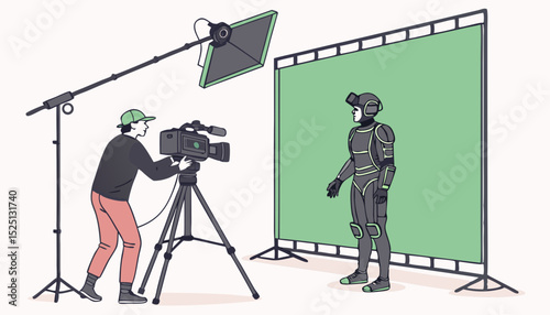 In the Big Film Studio Professional Crew Shooting Blockbuster Movie. Director Commands Cameraman to Start shooting Green Screen CGI Scene with Actor Wearing Motion Capture Suit and Head Rig    