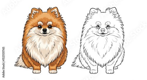 Pomeranian Coloring Page with Full Color and Outline Dogs for Kids and Adults Fun