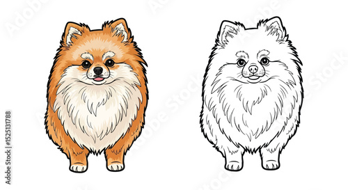 Pomeranian Coloring Page Featuring Detailed Full Color and Clean Outline for Artistic Play