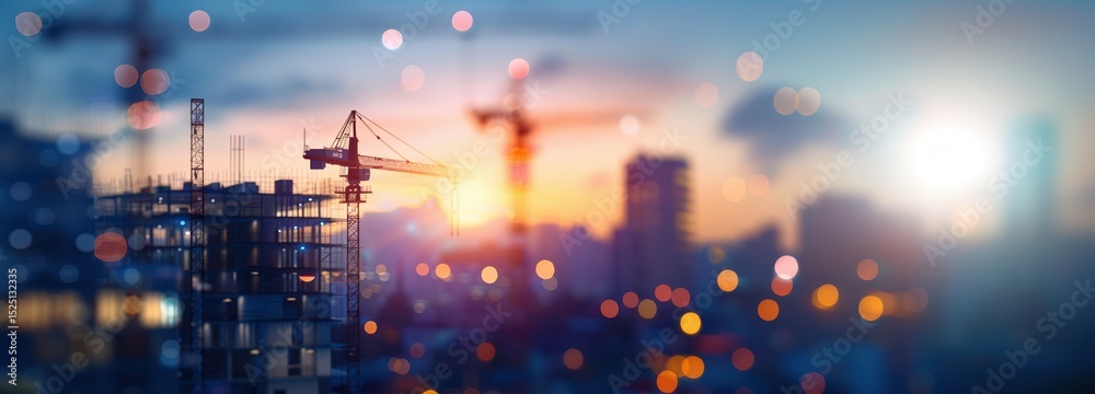 Fototapeta premium A construction site at sunset with cranes towering over partially completed buildings. The background includes a bokeh effect with blurred lights in orange, yellow, and white tones.