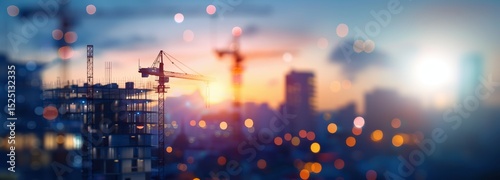 A construction site at sunset with cranes towering over partially completed buildings. The background includes a bokeh effect with blurred lights in orange, yellow, and white tones.