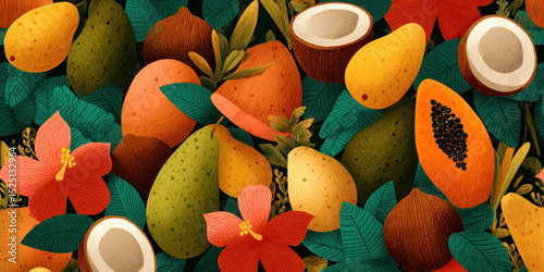 Colorful tropical fruit banner featuring various fruits and vibrant floral elements