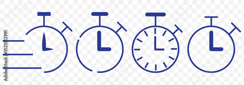 Stopwatch icons set. Timer symbol. Outline stopwatch icon. Alarm pictogram. Timer icons set. Quick time or deadline icon. Express service symbol. Countdown  stopwatch icons isolated on Transparent BG.
