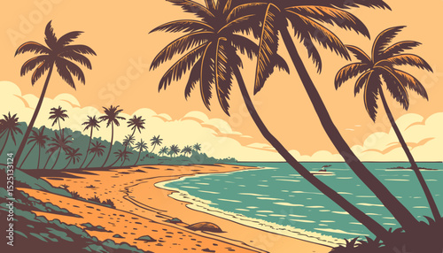 Tropical beach with palm trees and sea - summer resort at sunset                  