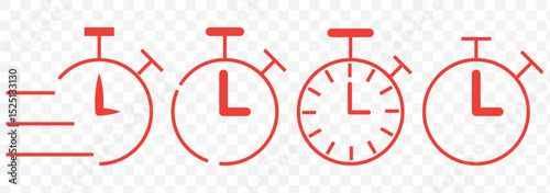 Stopwatch icons set. Timer symbol. Outline stopwatch icon. Alarm pictogram. Timer icons set. Quick time or deadline icon. Express service symbol. Countdown  stopwatch icons isolated on Transparent BG.