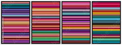 Set of colorful geometric posters with vibrant stripes of unique shapes with chaotic geometry and volumetric lighting effects, depth and contrast. Bright and bold lines of spatial geometry. Vector