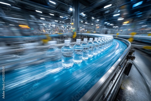 Bottled water moving along a blue conveyor belt at high speed in bottling factory