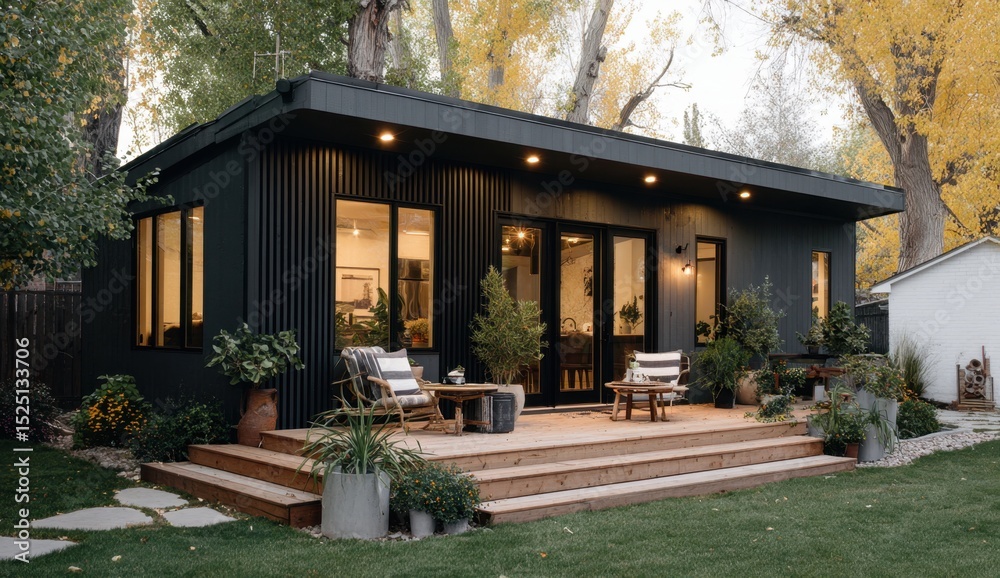 Fototapeta premium Modern house with patio in backyard