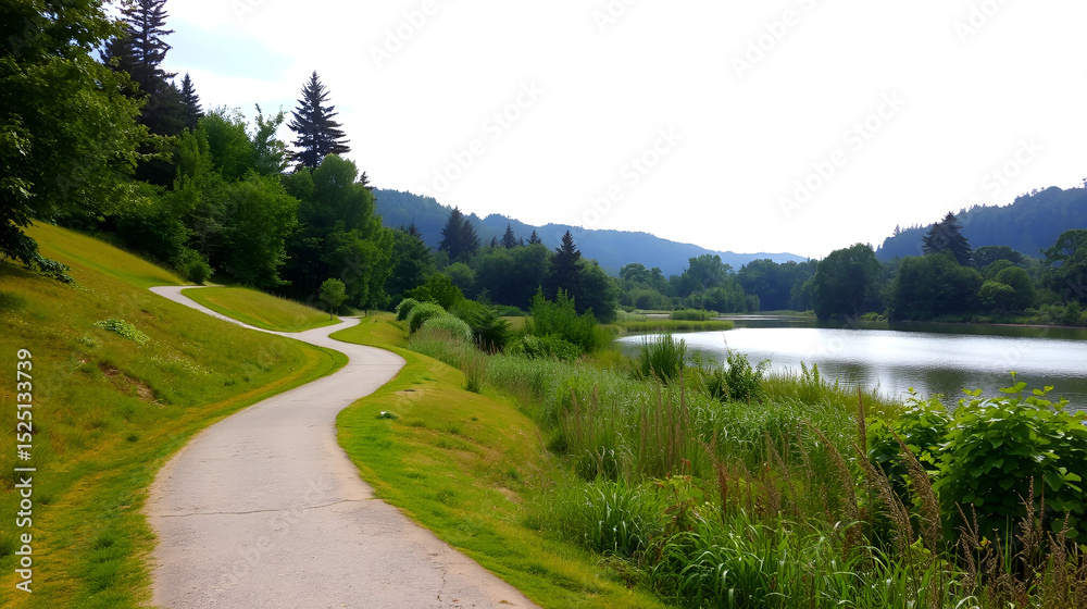 Fototapeta premium A serene landscape featuring a winding path leading to a peaceful lake, surrounded by lush greenery, conveying a