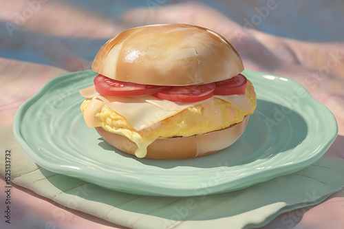 immagine di panino con frittata, uova, formaggio e pomodoro a fette, image of a sandwich with omelette, eggs, cheese, and sliced tomato