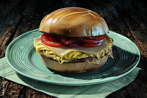 immagine di panino con frittata, uova, formaggio e pomodoro a fette, image of a sandwich with omelette, eggs, cheese, and sliced tomato