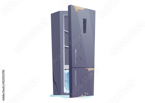 Vector cartoon illustration of old dirty fridge with broken panel, scratches, slightly open door. Worn out refrigerator with stains and damage, for game backgrounds, or abandoned interiors.