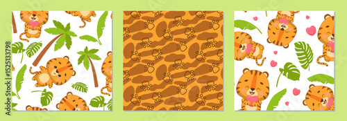 Set. Cute tiger vector patterns featuring playful tigers and tropical elements. Includes paw prints and vibrant leaves in three seamless, kid-friendly designs perfect for fabric and decor.