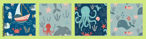 A set of playful vector illustrations depicting vibrant marine life scenes with cheerful fish, colorful octopuses, happy whales and animated seabirds on bright background.