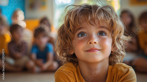 In a sun-drenched kindergarten, young children, eyes wide with wonder, eagerly anticipate the start of their weekly story time session, where they immerse themselves in the magic of words and 