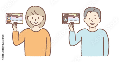 マイナンバーカードを提示する男性、女性