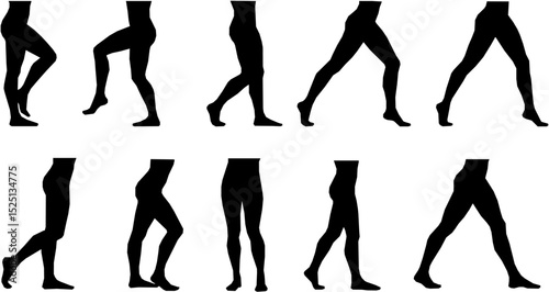 human legs silhouette in various positions, black leg, feet, foot, vector on white background, movement, postures, standing, walking, bending, simple leg style, graphic design