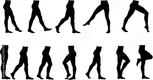 human legs silhouette in various positions, black leg, feet, foot, vector on white background, movement, postures, standing, walking, bending, simple leg style, graphic design