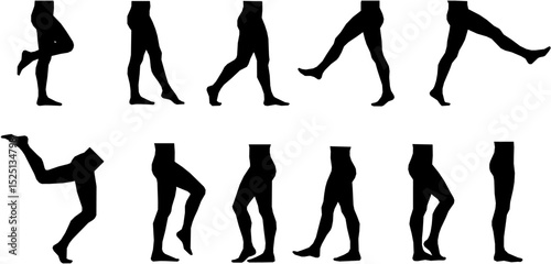 human legs silhouette in various positions, black leg, feet, foot, vector on white background, movement, postures, standing, walking, bending, simple leg style, graphic design