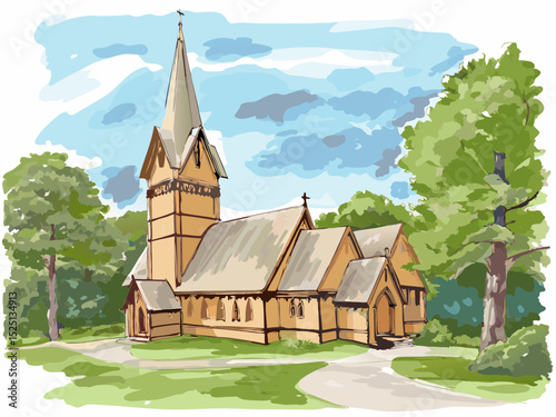 Wooden church surrounded by trees under a blue sky  