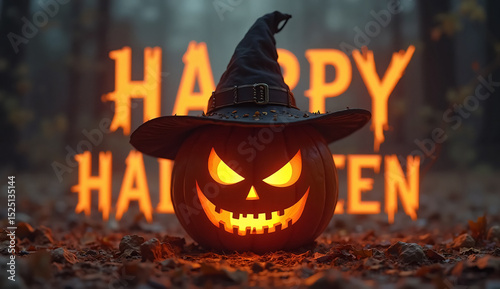 Evil Halloween Pumpkin with Glowing Eyes and Menacing Smile 