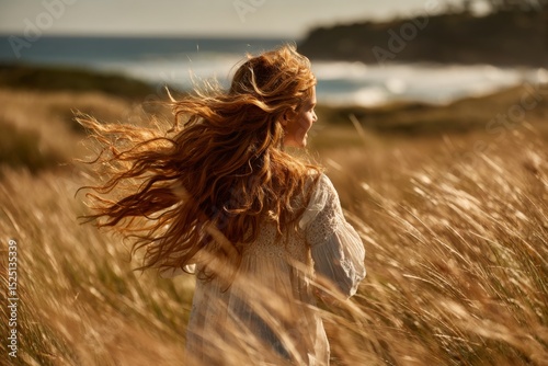 Woman with Flowing Red Hair Standing in a Field of Golden Grass Near the Ocean