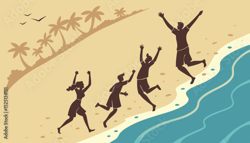 Holiday summer party with friends on the beach .Group of family and friends jumping on the beach. lifestyle people vacation holiday on beach                         