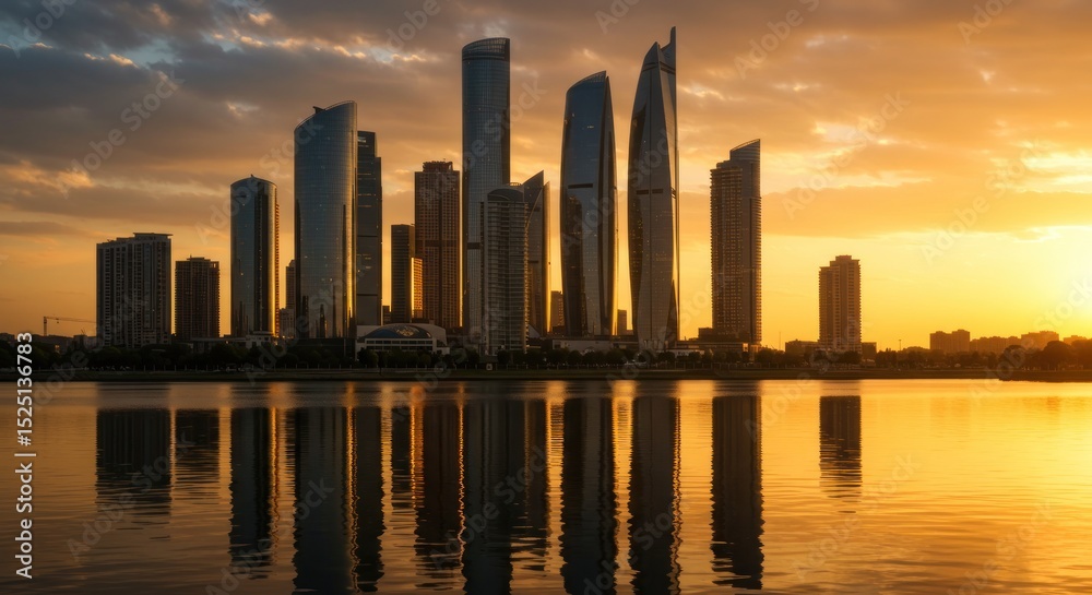 Fototapeta premium Golden cityscape reflects in tranquil water