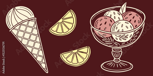 Ice cream with decorative waffle and lemon slices outline icon vector illustration. Hand drawn line glass cup with delicious gelato balls, ice cream with dark red background