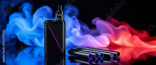 Sleek black e-cigarette dual pack, purple accents, five heatsticks ,   cigarette pack,   heat not burn