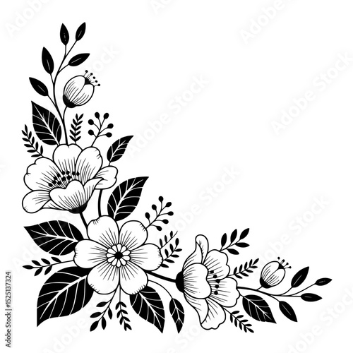 Elegant black floral corner design with blooming flowers and leaves