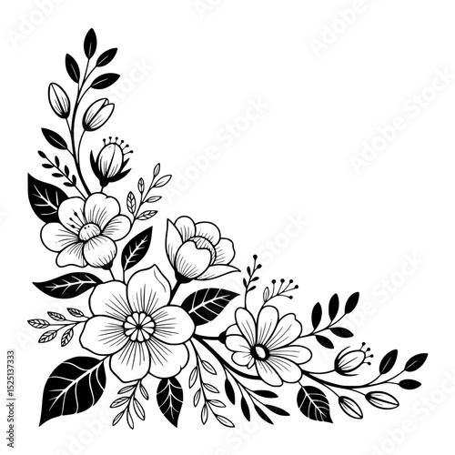 Elegant black floral corner design with blooming flowers and leaves