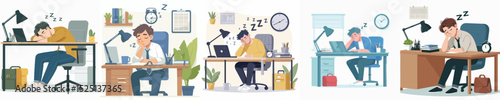 vector man sleeping at work desk