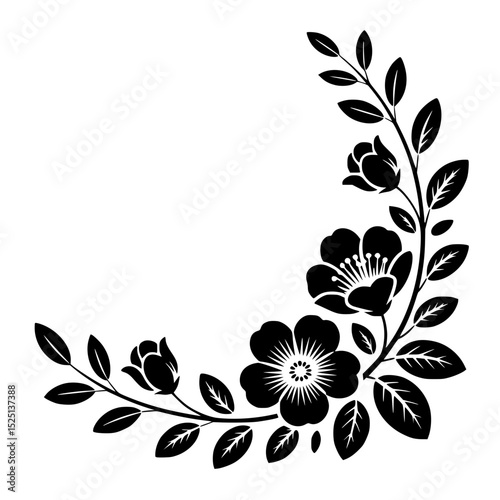 Elegant black floral corner design with leaves and flowers