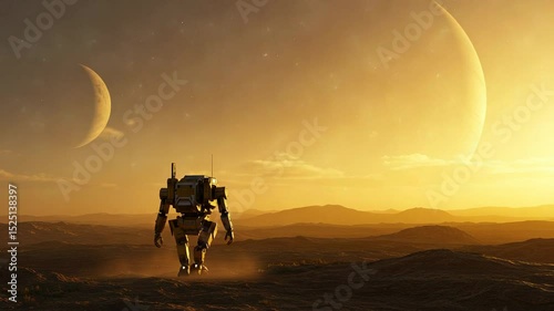 Solitary Mech Walking on Alien Planet at Sunset