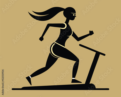 Silhouette of a woman running on a treadmill against a tan background