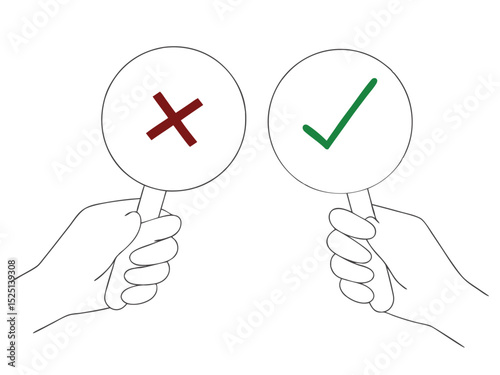 Hands Holding Paddles with Checkmark and Cross Mark Symbols
