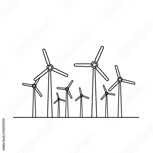Line drawing of wind turbines in a renewable energy landscape  