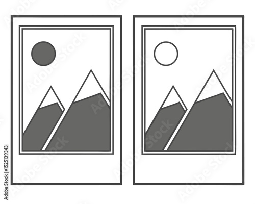 Two instant photo frames with mountain and sun illustrations side by side