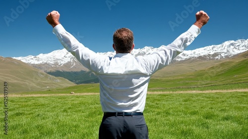 A man stands in a green field with arms raised triumphantly against a mountain landscape photo