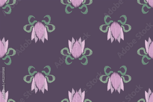 Seamless pink lotus Ikat pattern with soft textile texture. Traditional ethnic design with modern elegance, perfect for fabric, textile printing, fashion design, home decor, and digital backgrounds.